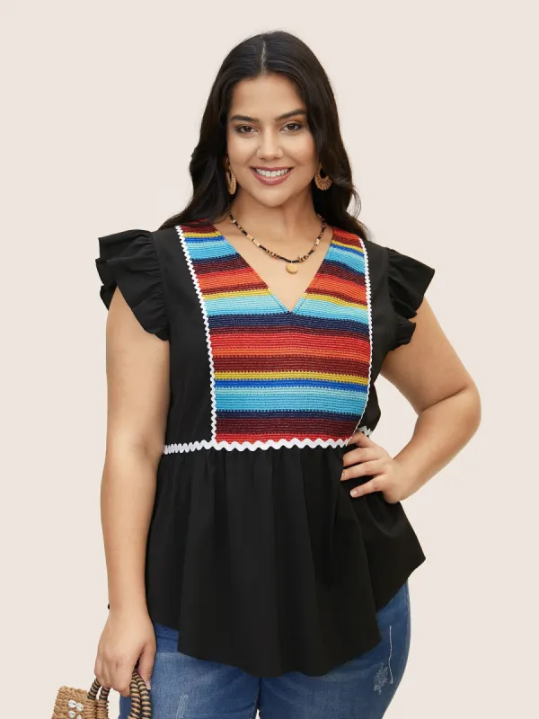 Contrast Webbing Ruffle Cap Sleeve Blouse sold by Bloomchic