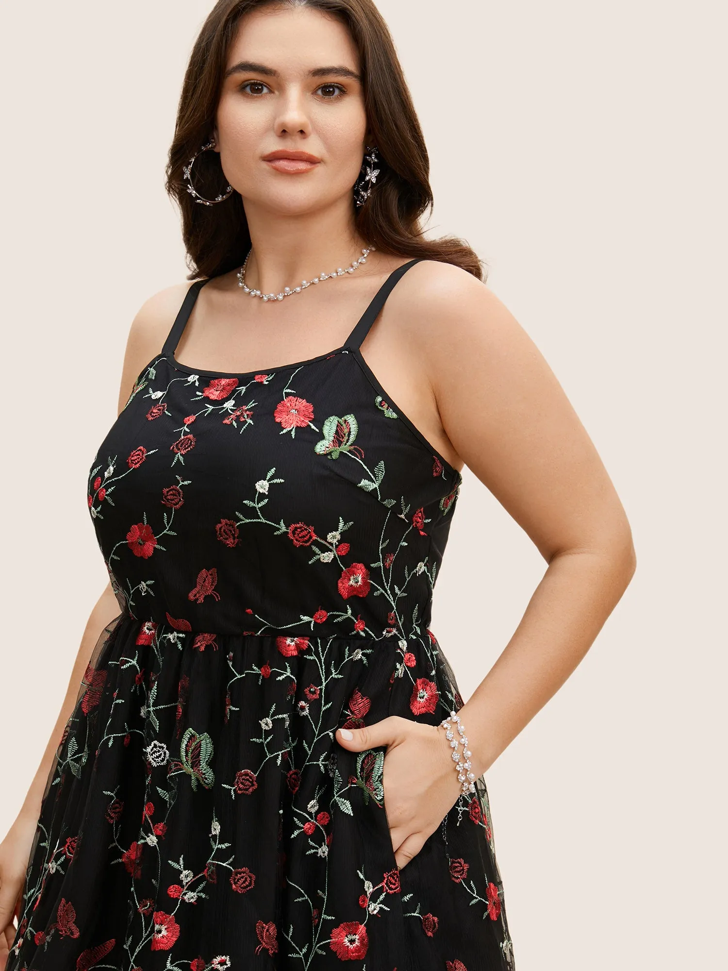 Square Neck Mesh Embroidered Cami Dress sold by Bloomchic product image thumbnail 4