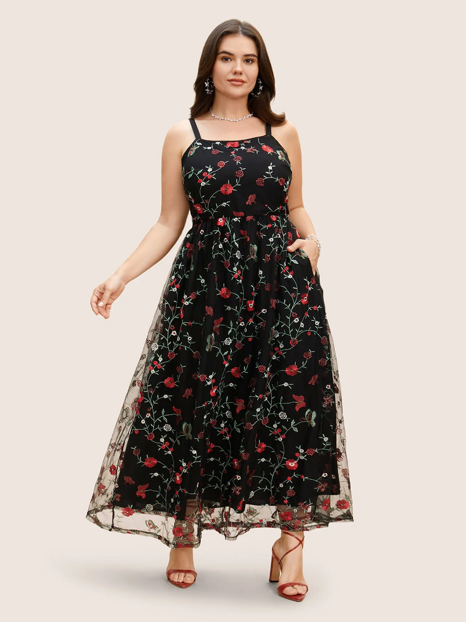 Square Neck Mesh Embroidered Cami Dress sold by Bloomchic