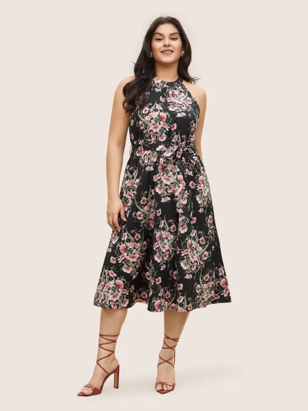 Floral Print Halter Elastic Waist Belted Dress sold by Bloomchic
