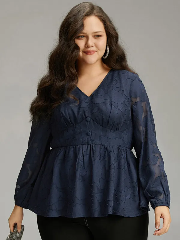 Floral Mesh Elastic Waist Button Detail Blouse sold by Bloomchic