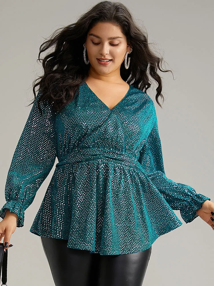 Sequin Wrap Ruffles Ruched Lantern Sleeve Blouse sold by Bloomchic product image thumbnail 5