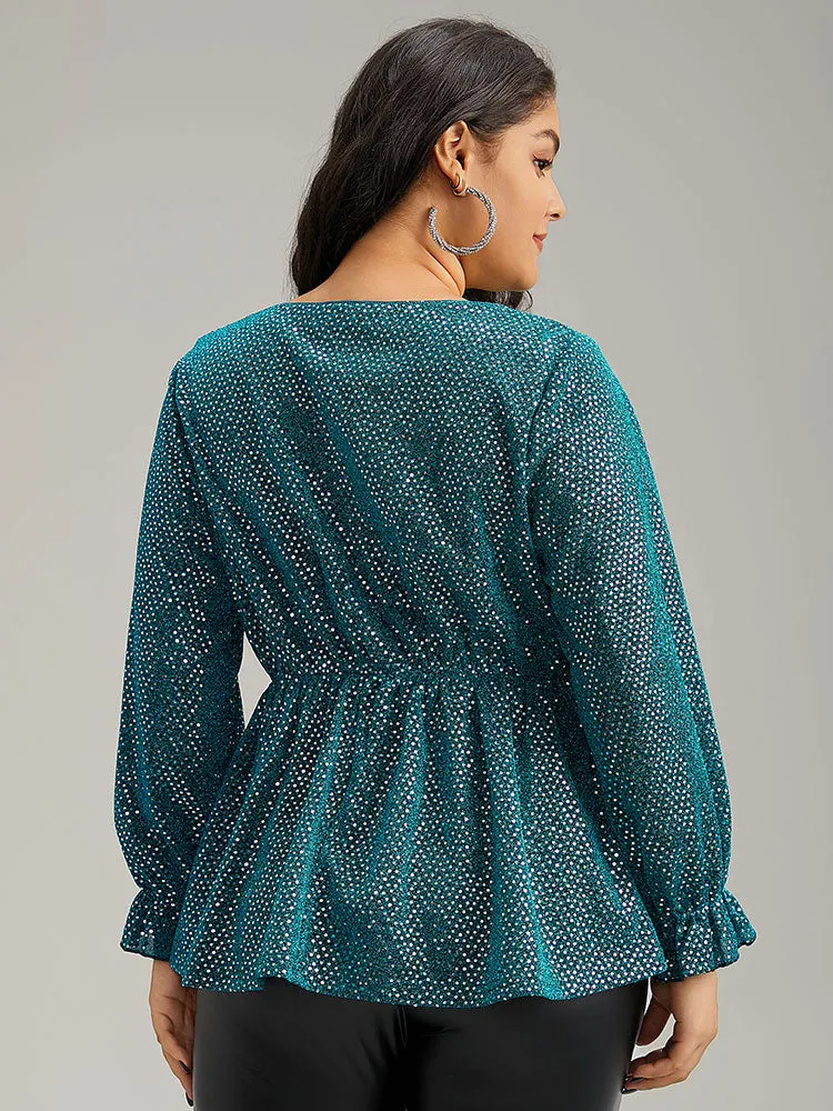 Sequin Wrap Ruffles Ruched Lantern Sleeve Blouse sold by Bloomchic product image thumbnail 2
