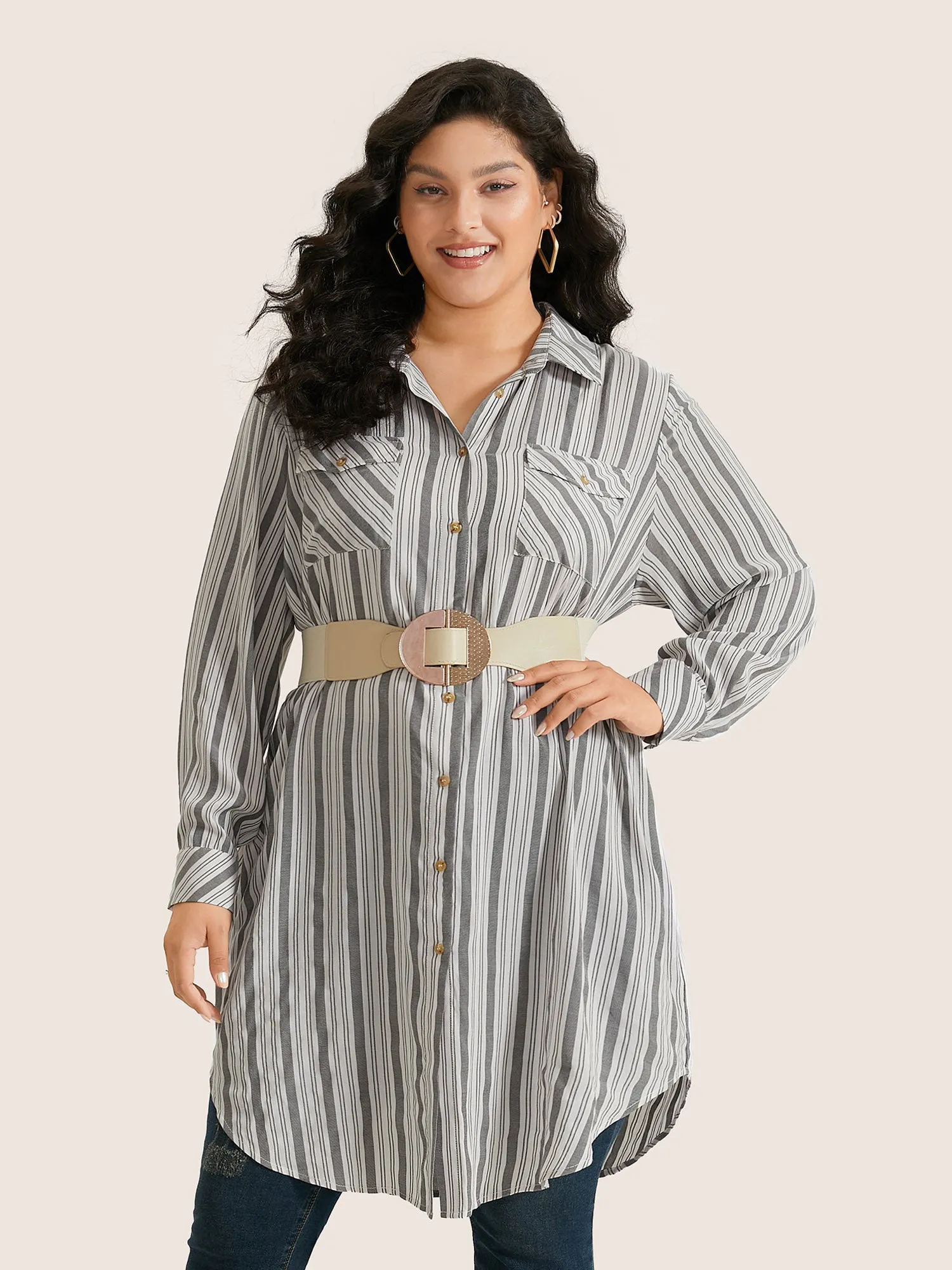 Striped Flap Detail Curved Hem Blouse sold by Bloomchic product image thumbnail 2