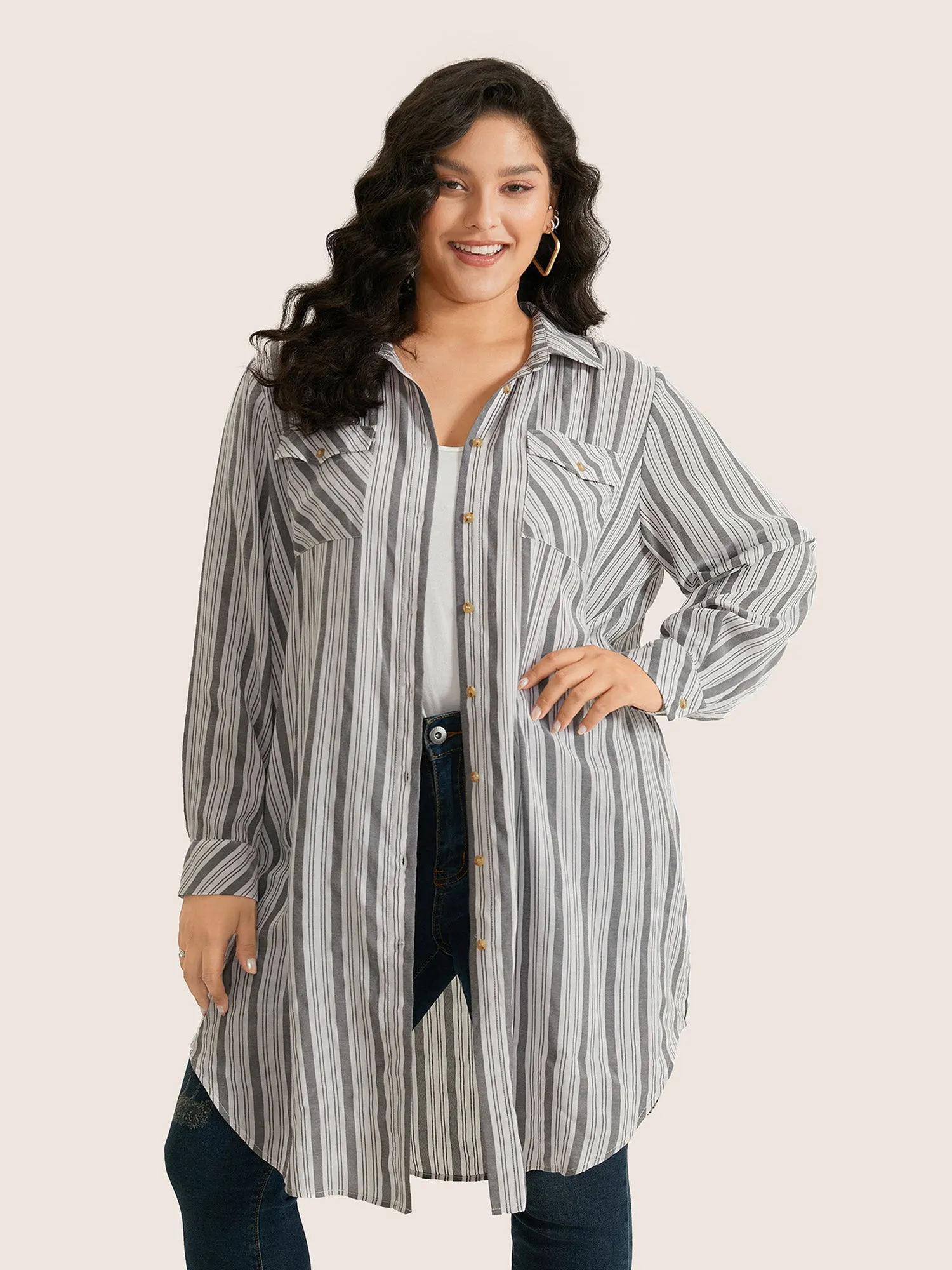 Striped Flap Detail Curved Hem Blouse sold by Bloomchic product image thumbnail 4