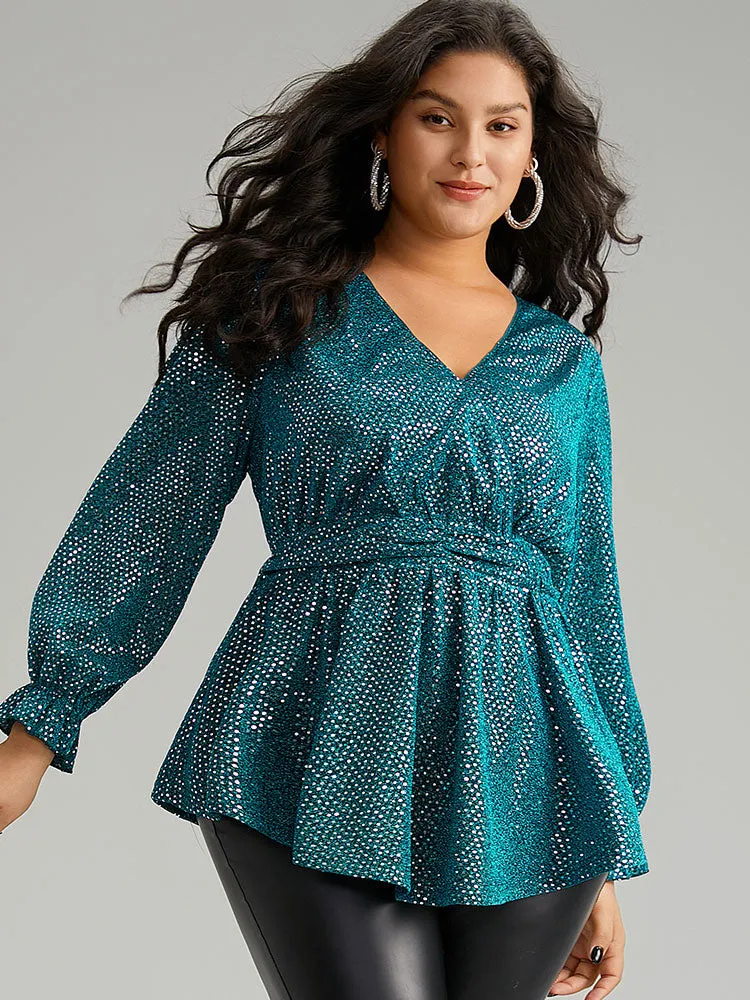 Sequin Wrap Ruffles Ruched Lantern Sleeve Blouse sold by Bloomchic product image thumbnail 3