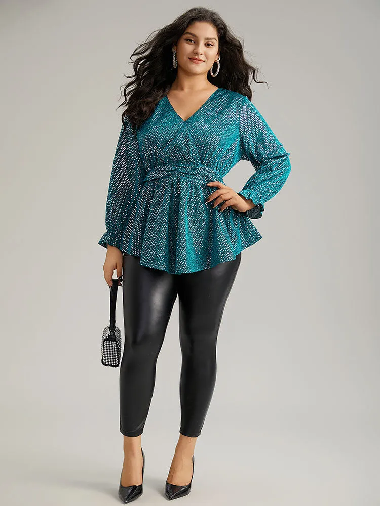 Sequin Wrap Ruffles Ruched Lantern Sleeve Blouse sold by Bloomchic product image thumbnail 4