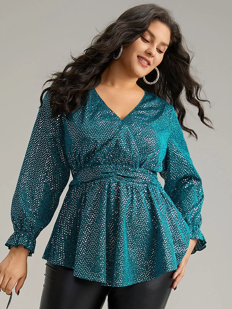 Sequin Wrap Ruffles Ruched Lantern Sleeve Blouse sold by Bloomchic