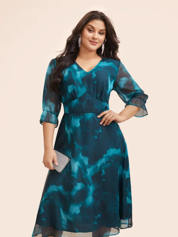 Water Ripple Print Mesh Ruffles Shirred Dress sold by Bloomchic