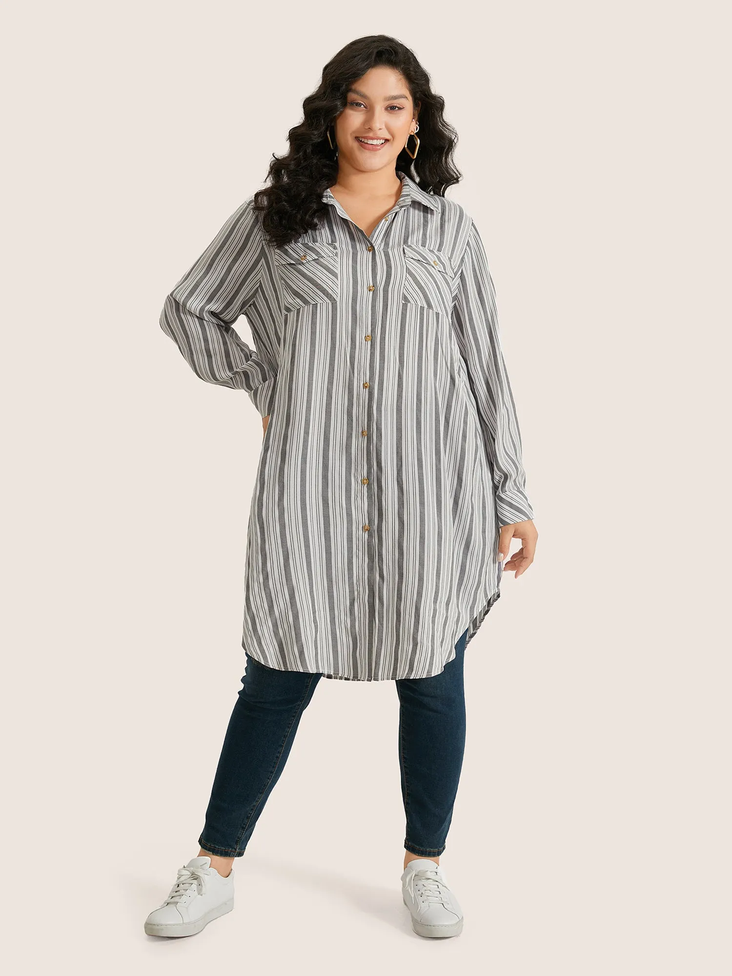Striped Flap Detail Curved Hem Blouse sold by Bloomchic product image thumbnail 3