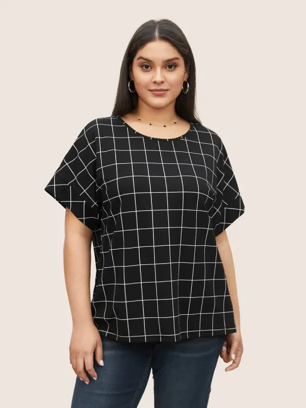 Plaid Round Neck Batwing Sleeve T-shirt sold by Bloomchic