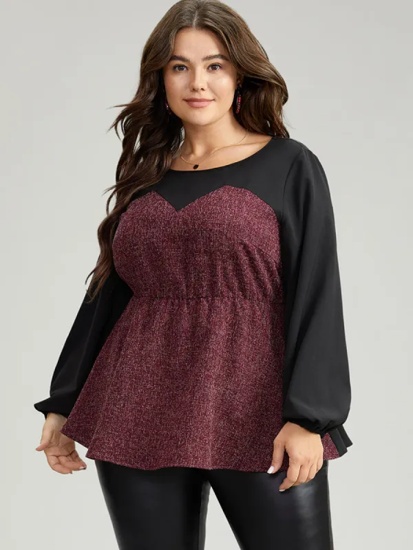 Contrast Patchwork Lantern Sleeve Elastic Waist Blouse sold by Bloomchic