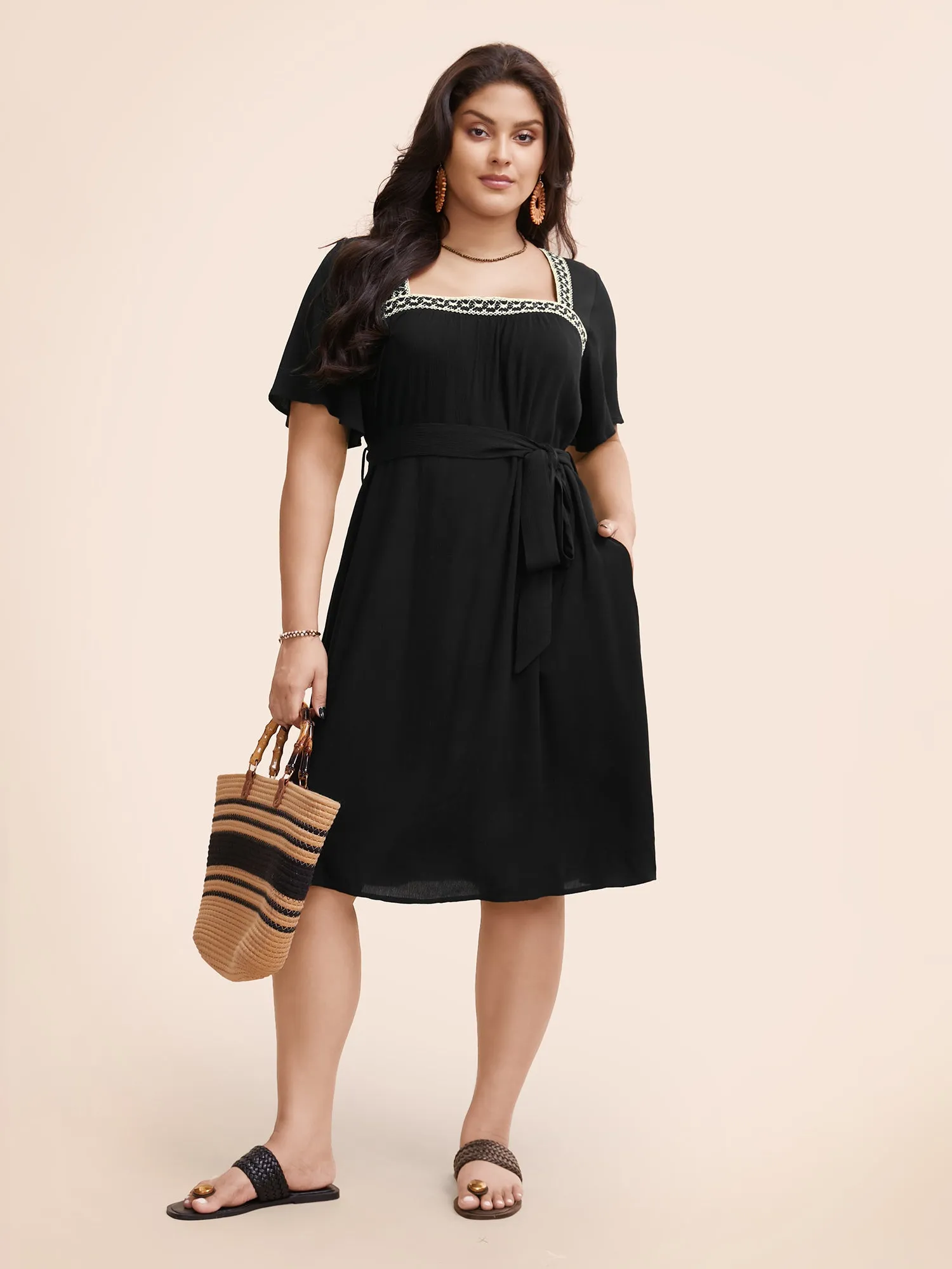 Square Neck Contrast Webbing Belted Dress sold by Bloomchic product image thumbnail 2