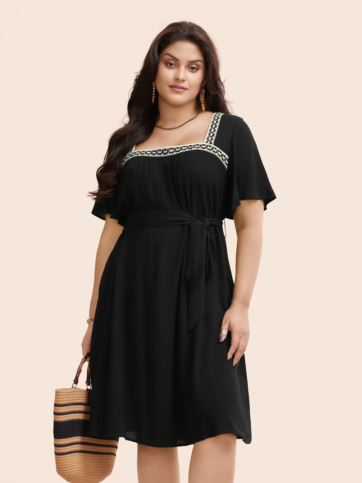 Square Neck Contrast Webbing Belted Dress sold by Bloomchic