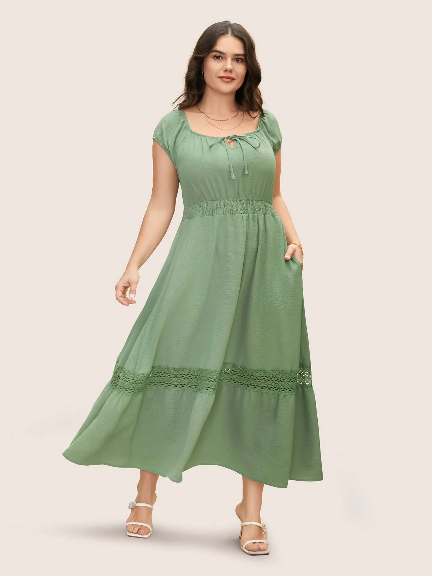 Guipure Lace Tie Knot Raglan Sleeve Dress sold by Bloomchic