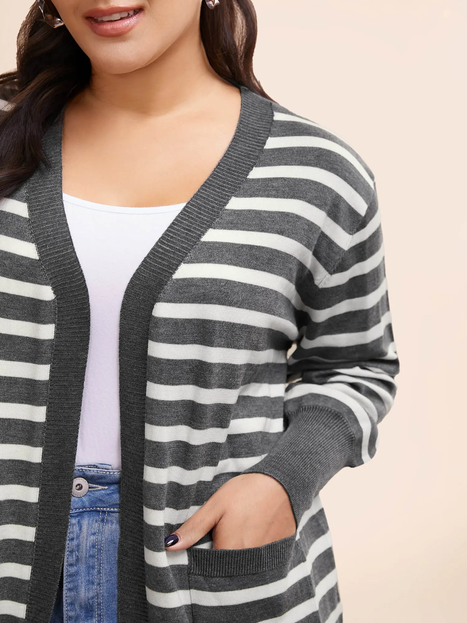 Striped Lantern Sleeve Patched Pocket Cardigan sold by Bloomchic product image thumbnail 4
