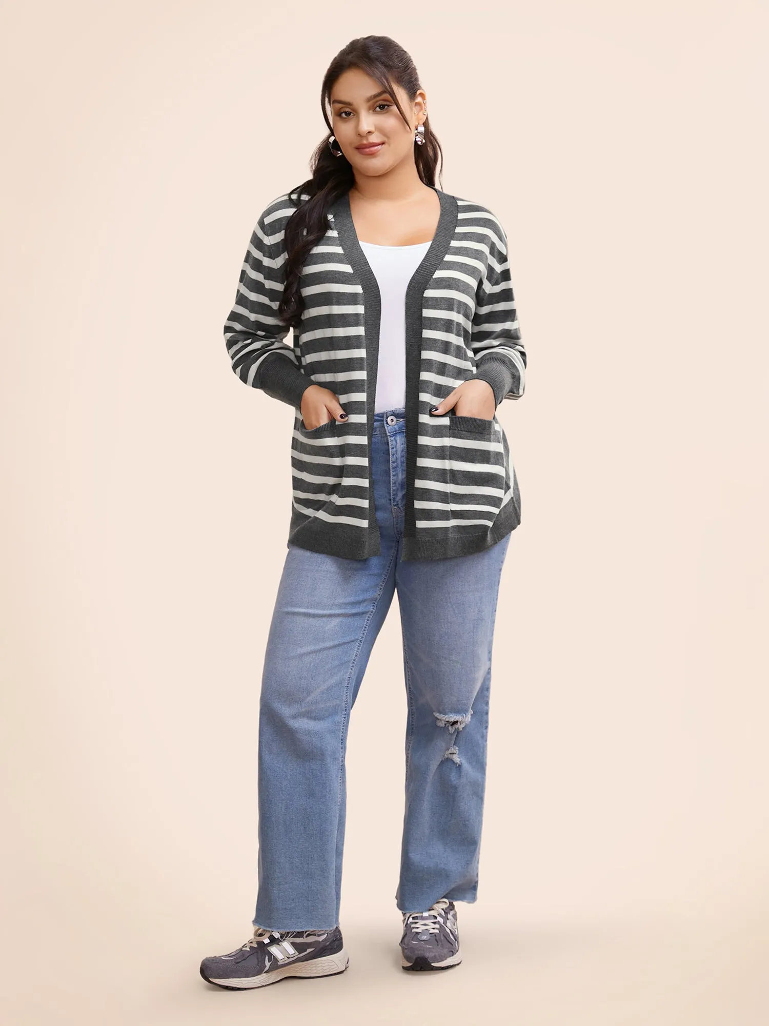 Striped Lantern Sleeve Patched Pocket Cardigan sold by Bloomchic product image thumbnail 3