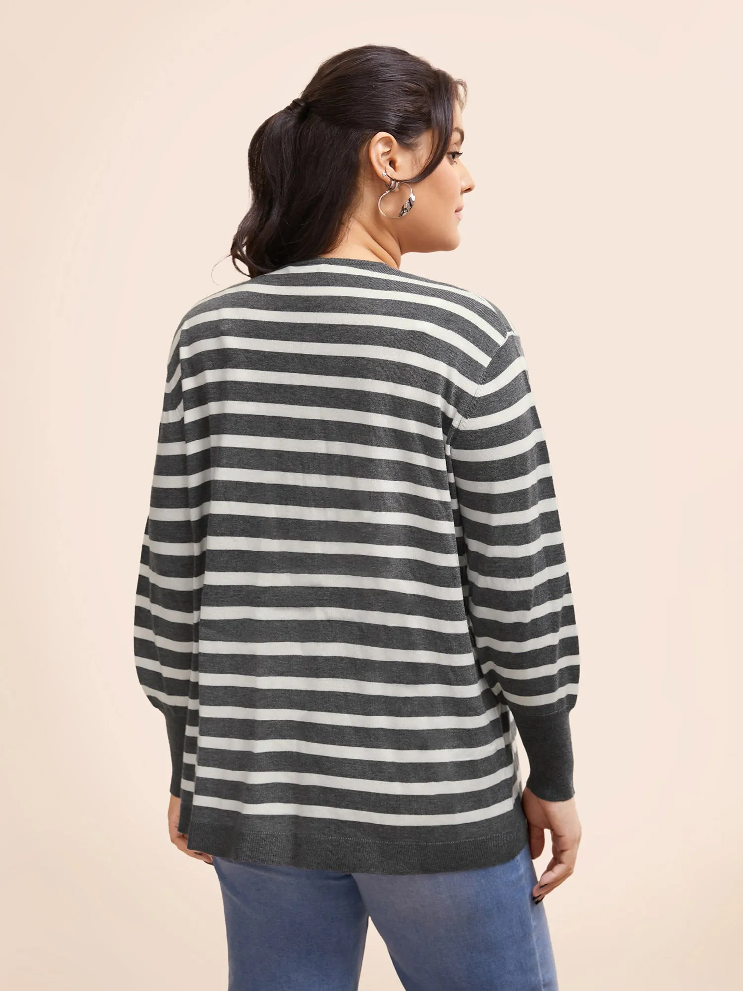 Striped Lantern Sleeve Patched Pocket Cardigan sold by Bloomchic product image thumbnail 2