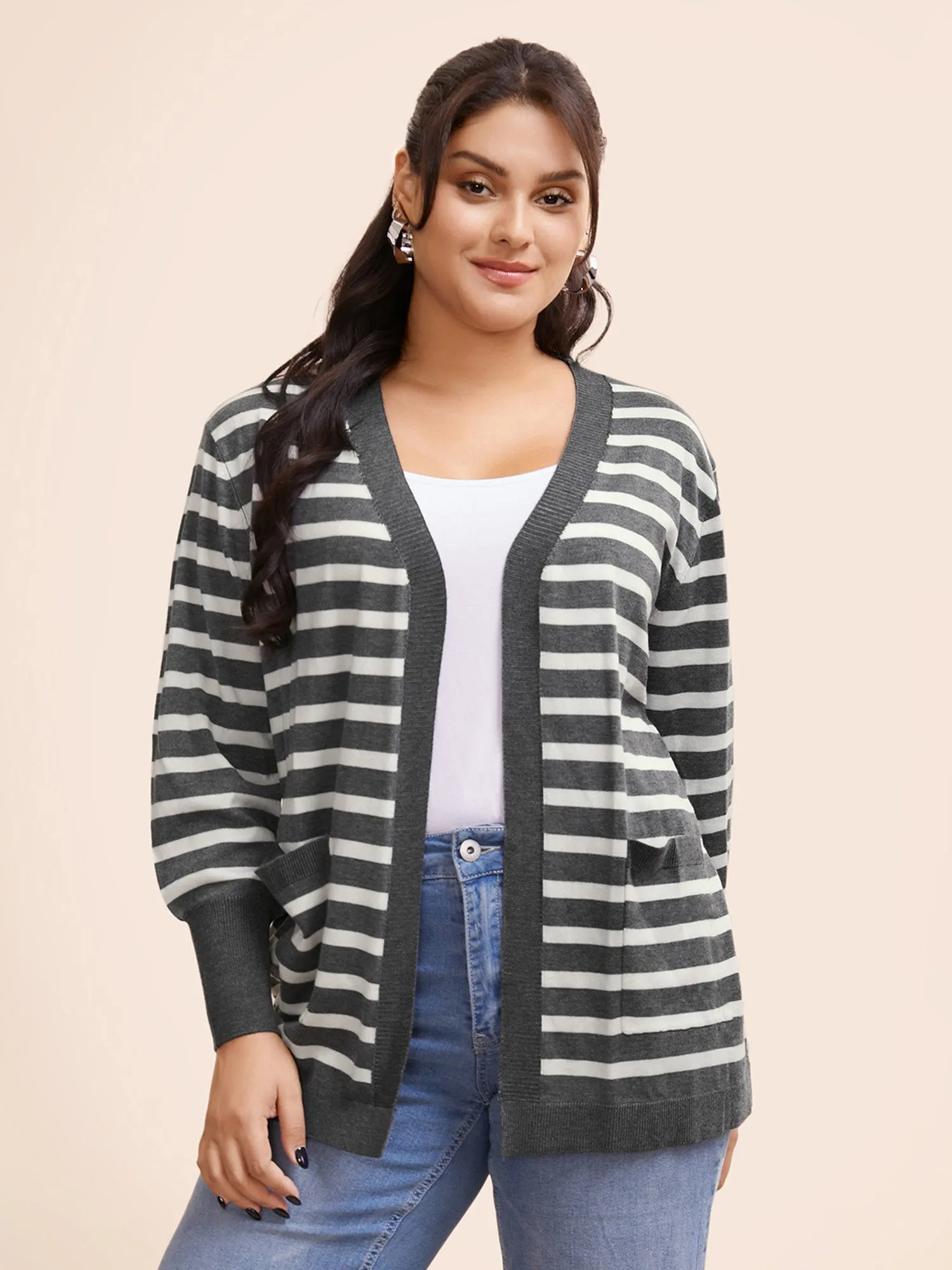 Striped Lantern Sleeve Patched Pocket Cardigan sold by Bloomchic