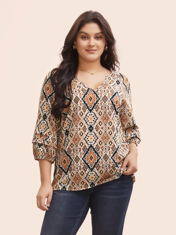 Bandana Geometric Pleated Lantern Sleeve Blouse sold by Bloomchic