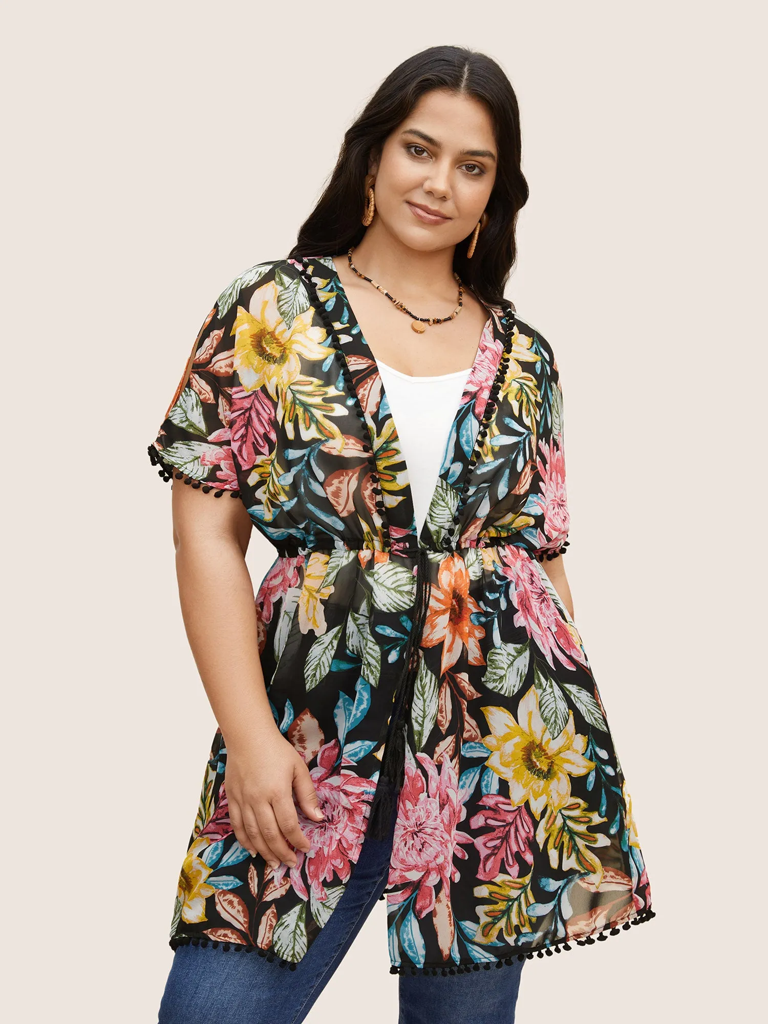 Floral Print Drawstring Pompom Trim Kimono sold by Bloomchic product image thumbnail 4