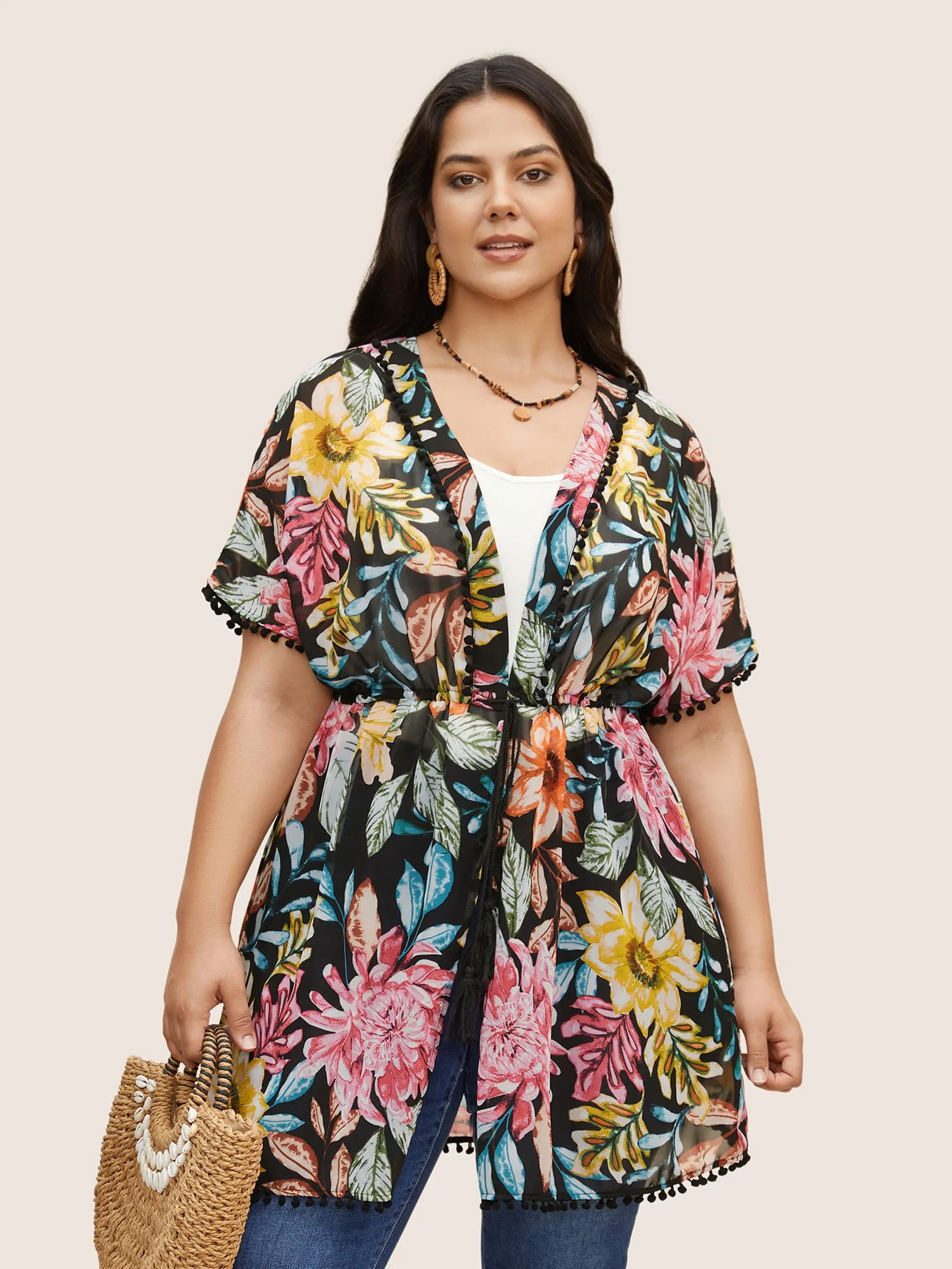 Floral Print Drawstring Pompom Trim Kimono sold by Bloomchic