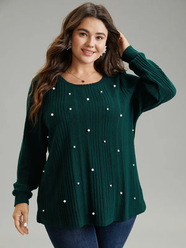 Plain Rib Knit Pearl Beaded Sweatshirt sold by Bloomchic