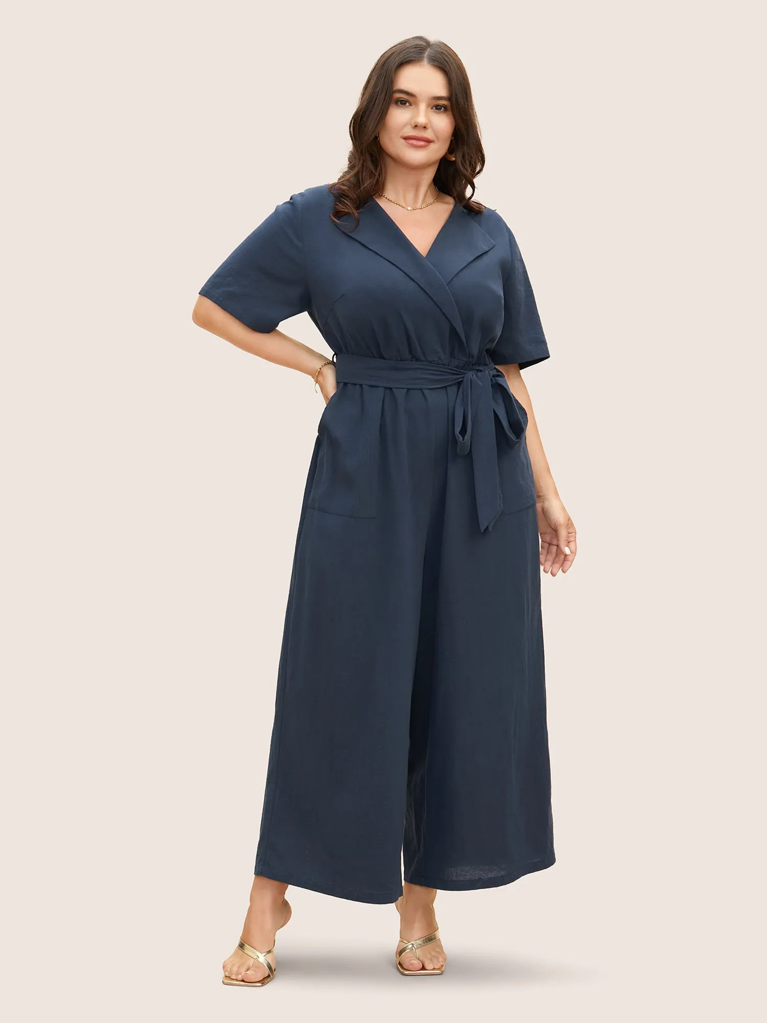 Cotton Solid Suit Collar Belted Loose Jumpsuit sold by Bloomchic product image thumbnail 3