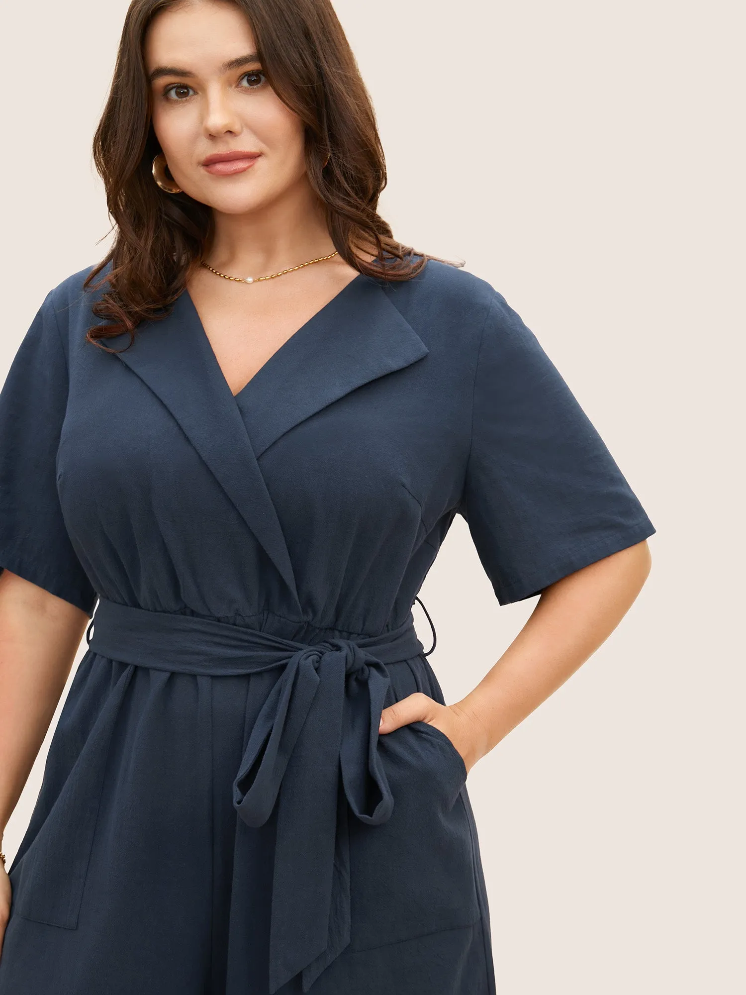 Cotton Solid Suit Collar Belted Loose Jumpsuit sold by Bloomchic product image thumbnail 2