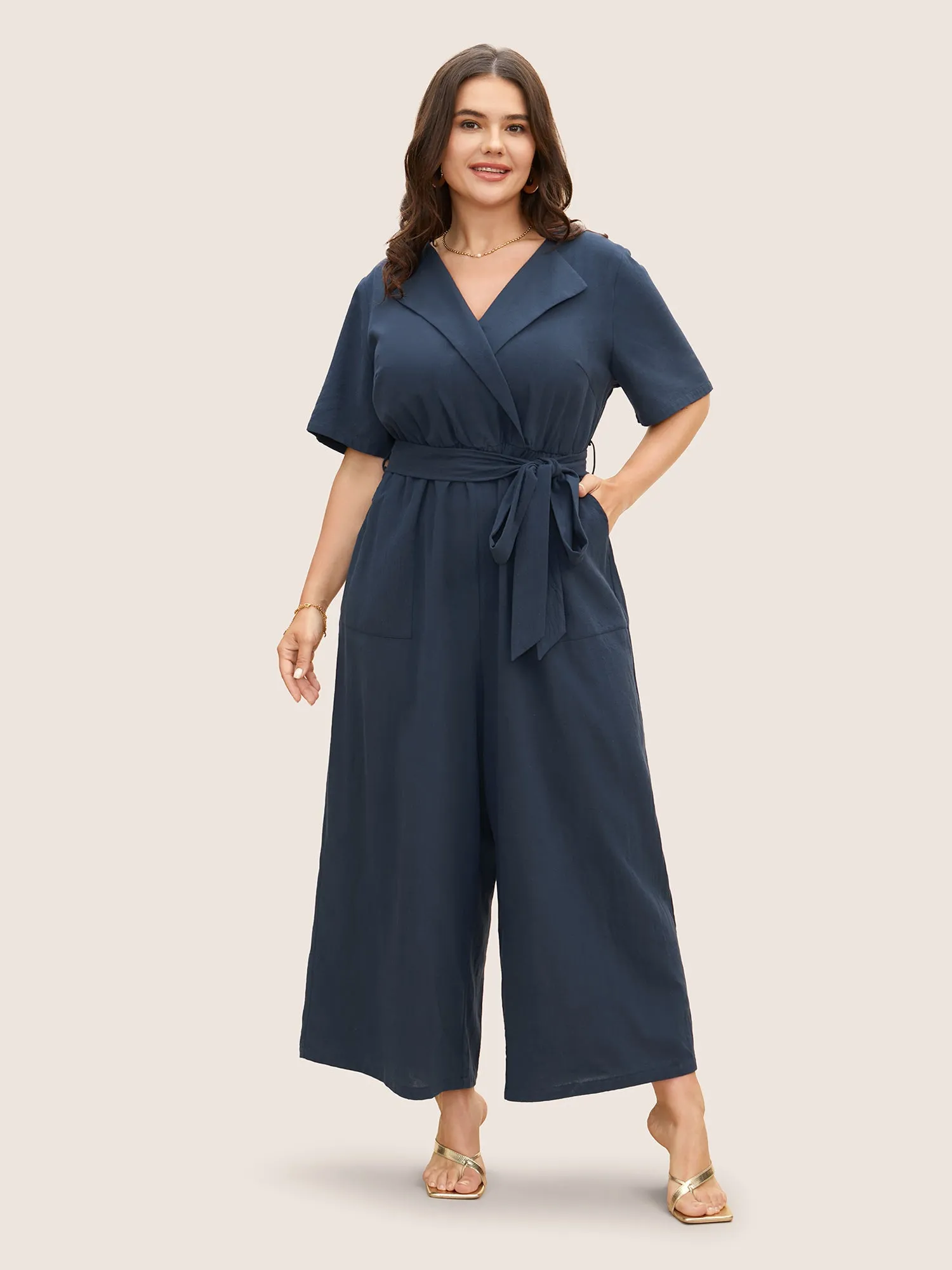 Cotton Solid Suit Collar Belted Loose Jumpsuit sold by Bloomchic