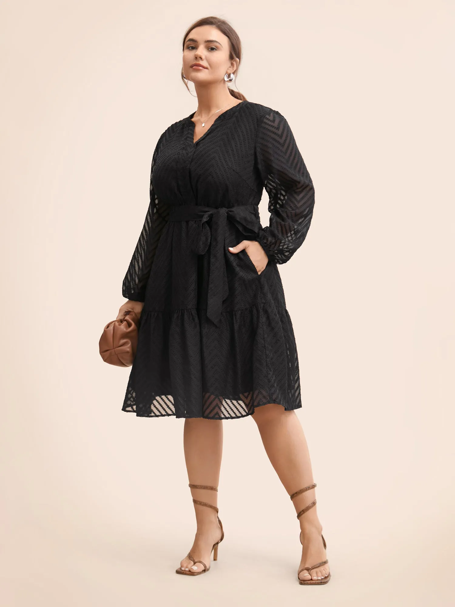 Textured Mesh Ruffle Hem Puff Sleeve Dress sold by Bloomchic product image thumbnail 2
