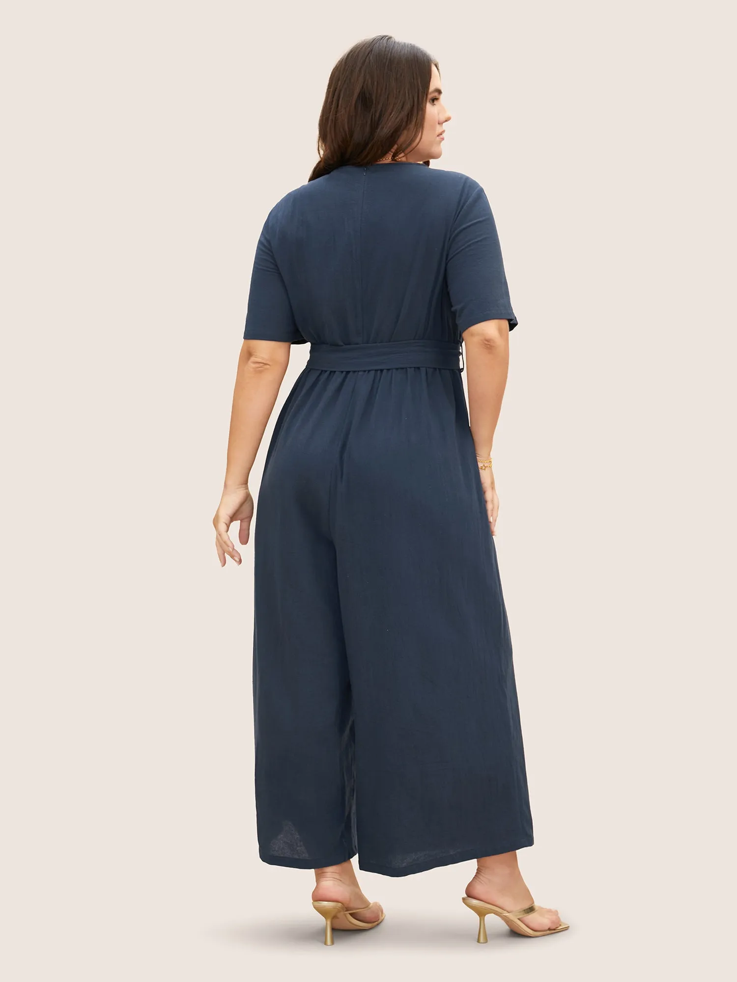 Cotton Solid Suit Collar Belted Loose Jumpsuit sold by Bloomchic product image thumbnail 4