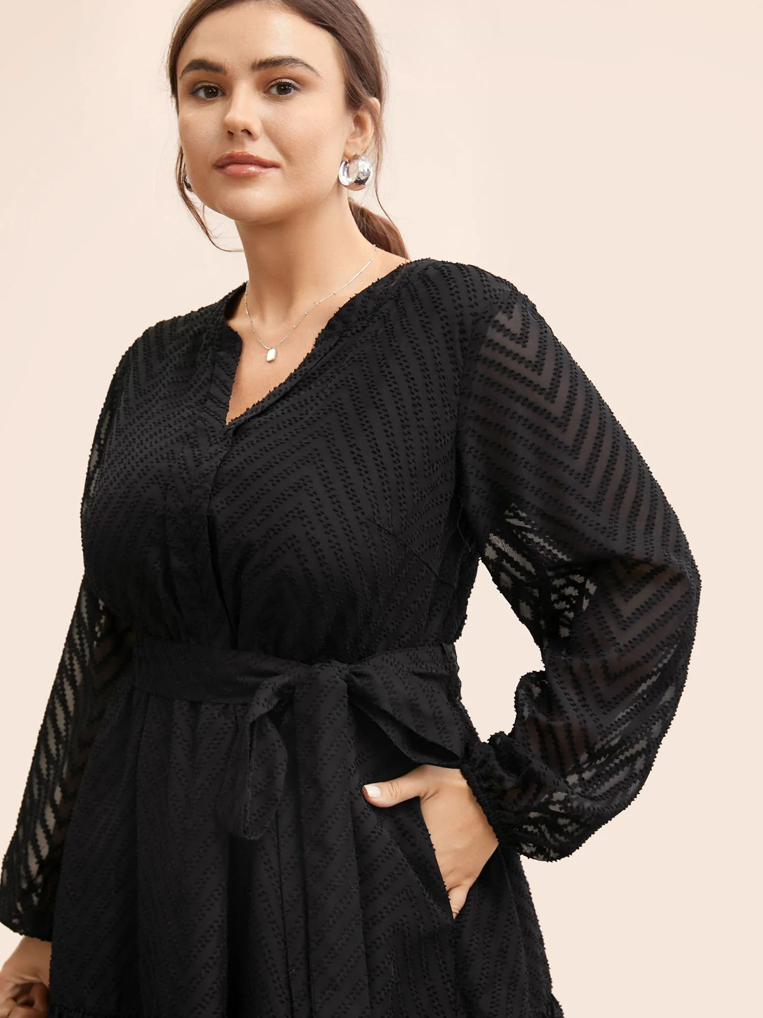 Textured Mesh Ruffle Hem Puff Sleeve Dress sold by Bloomchic product image thumbnail 5