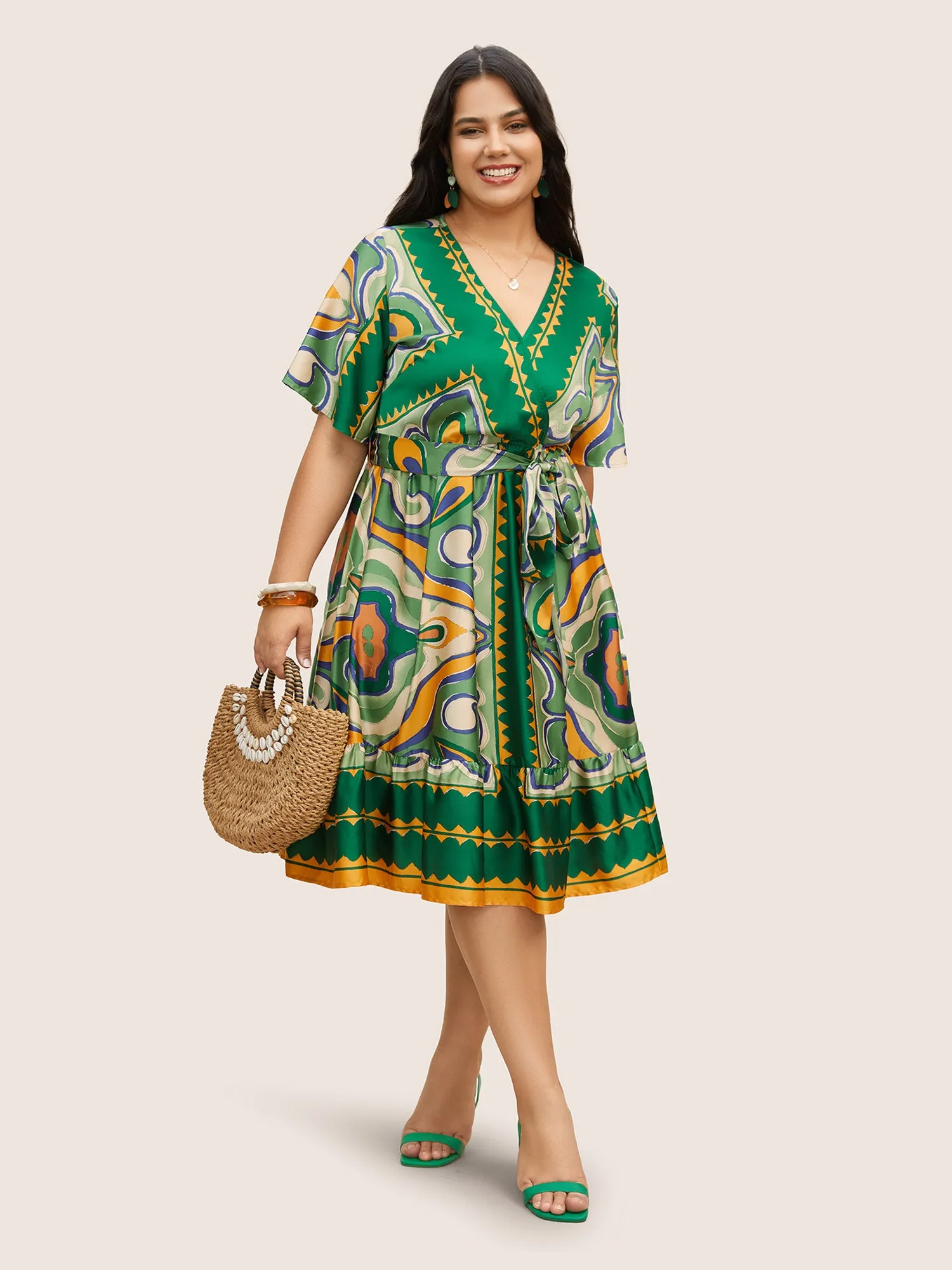 Abstract Print Gathered Overlapping Belted Dress sold by Bloomchic