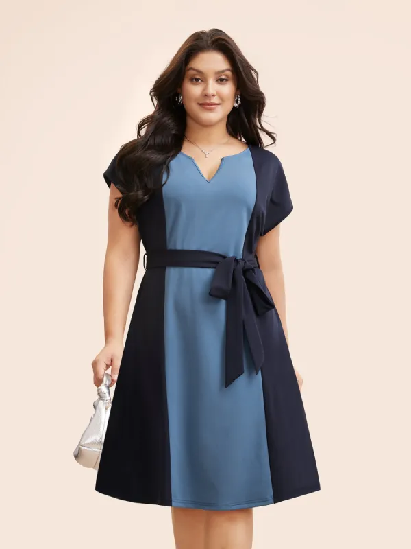 Notched Contrast Patchwork Belted Dress sold by Bloomchic