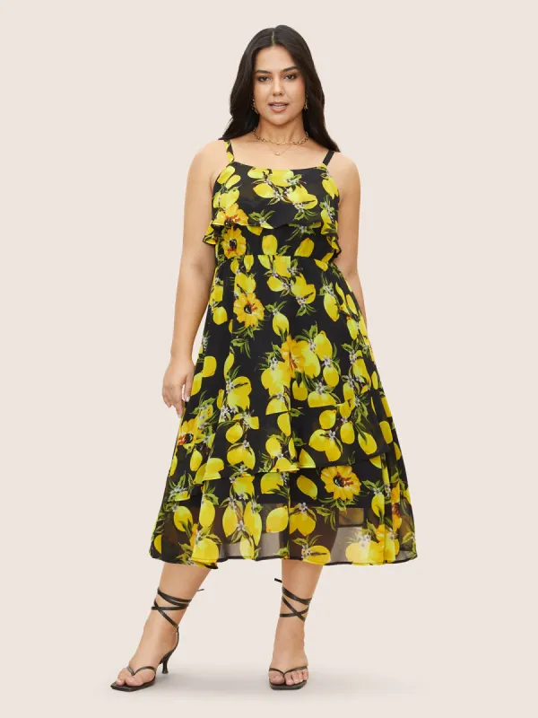 Citrus Lemon Print Ruffle Trim Belted Cami Dress sold by Bloomchic