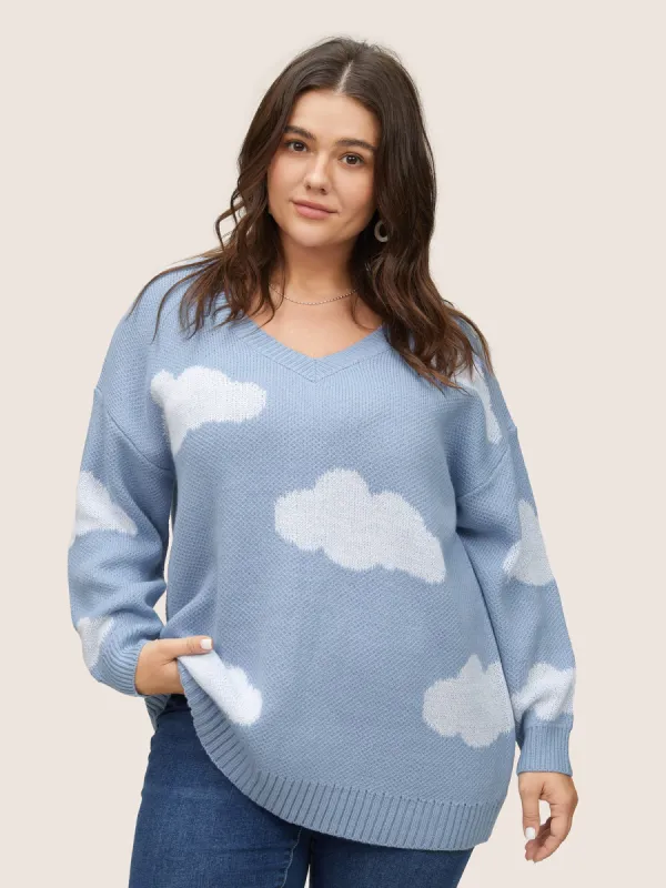 Blue Sky White Clouds V Neck Pullover made by Bloomchic
