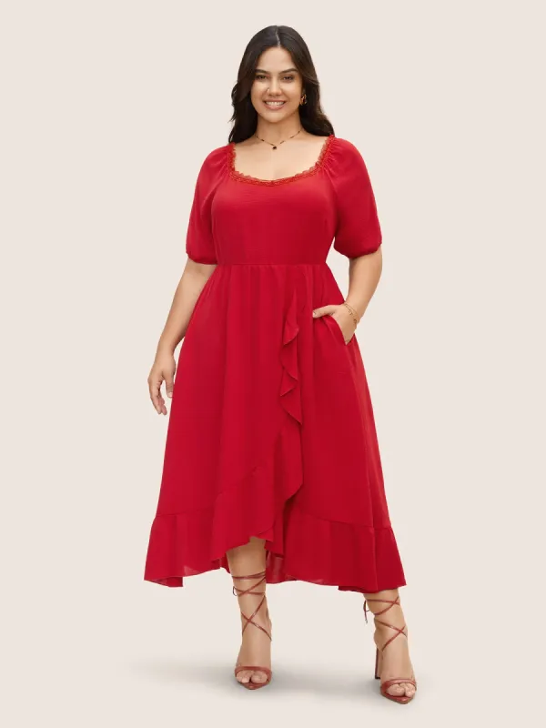 Lace Panel Ruffle Trim Wrap Hem Dress sold by Bloomchic