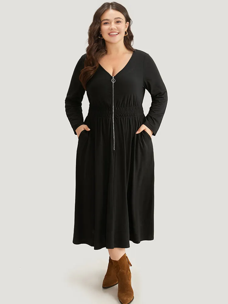 Supersoft Essentials Solid Pocket Zipper Shirre Dress sold by Bloomchic