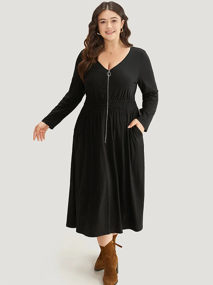 Supersoft Essentials Solid Pocket Zipper Shirre Dress sold by Bloomchic product image thumbnail 2