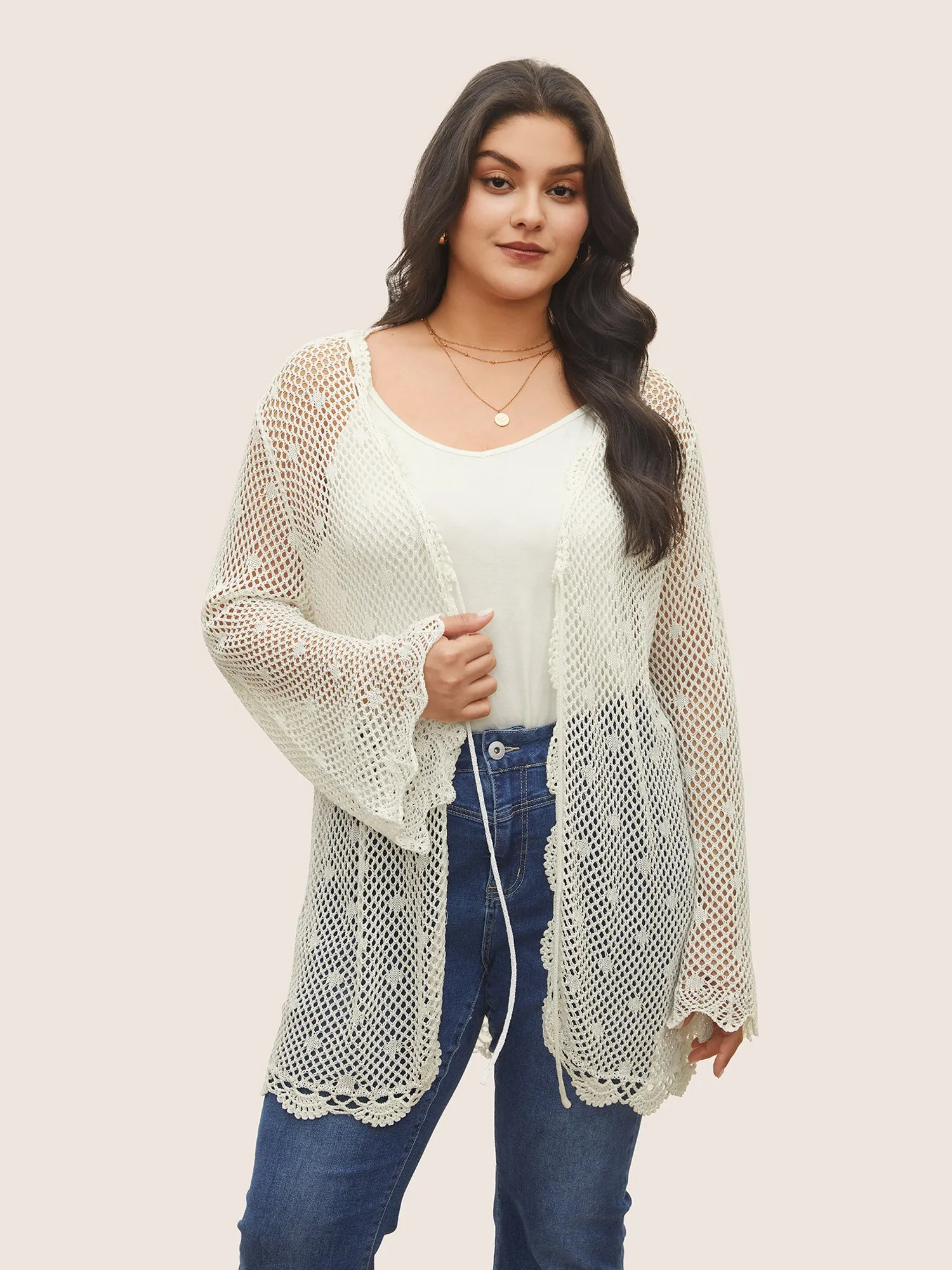 Pointelle Knit Ties Lace Panel Bell Sleeve Cardigan sold by Bloomchic product image thumbnail 4