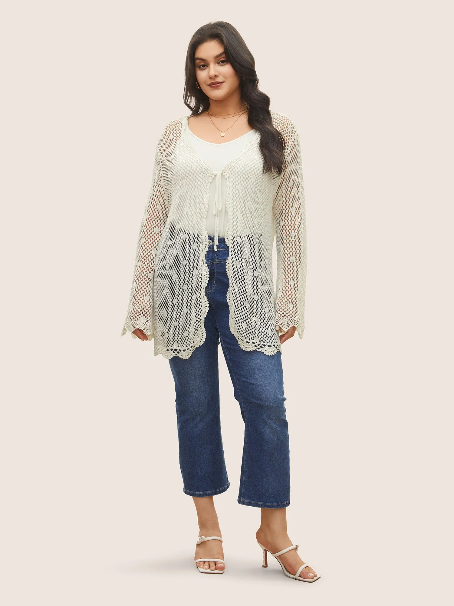 Pointelle Knit Ties Lace Panel Bell Sleeve Cardigan sold by Bloomchic product image thumbnail 3