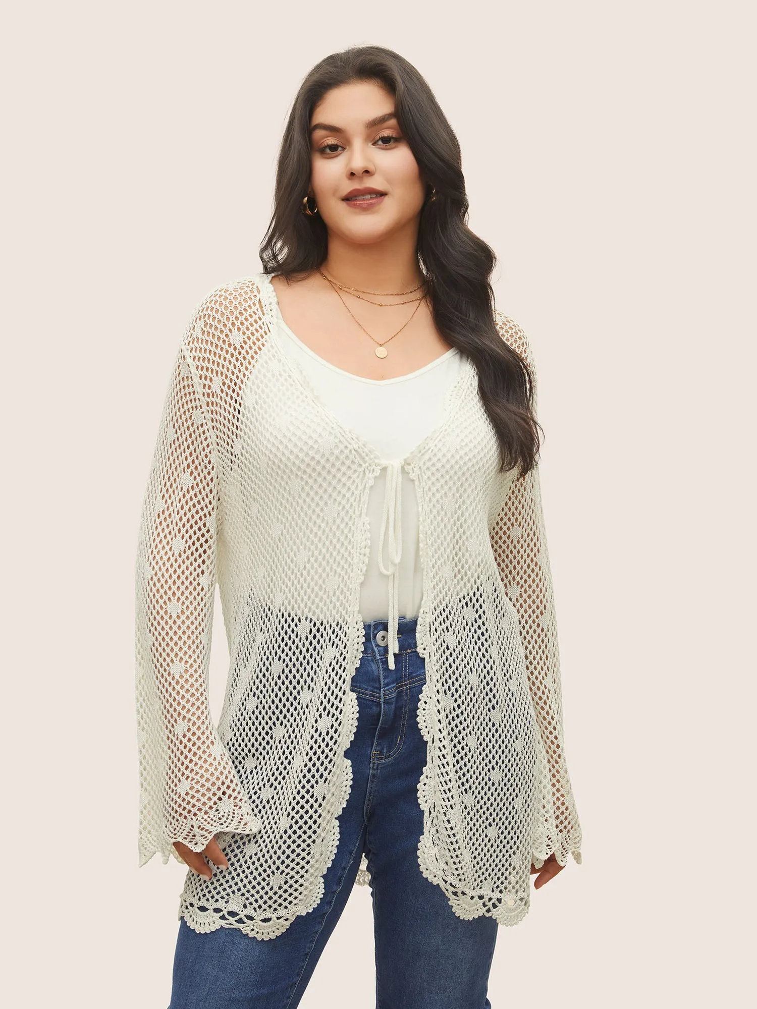 Pointelle Knit Ties Lace Panel Bell Sleeve Cardigan sold by Bloomchic