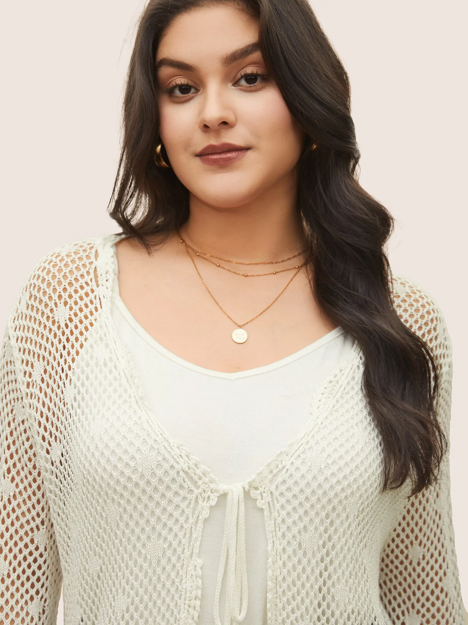 Pointelle Knit Ties Lace Panel Bell Sleeve Cardigan sold by Bloomchic product image thumbnail 5