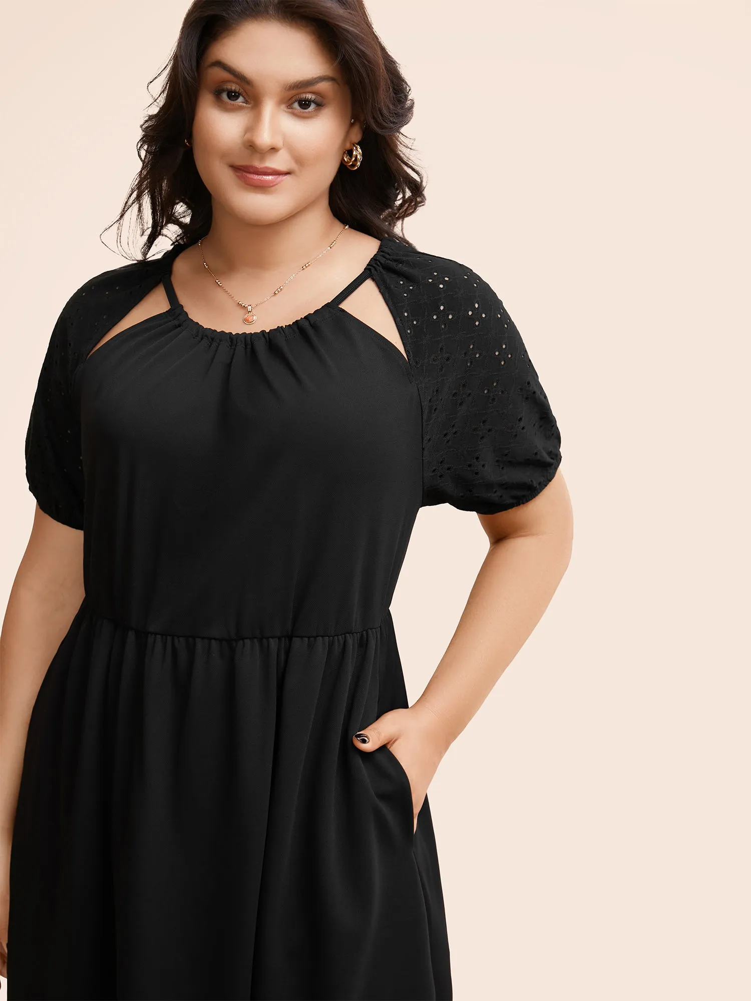 Solid Cut Out Gathered Puff Sleeve Dress sold by Bloomchic product image thumbnail 3
