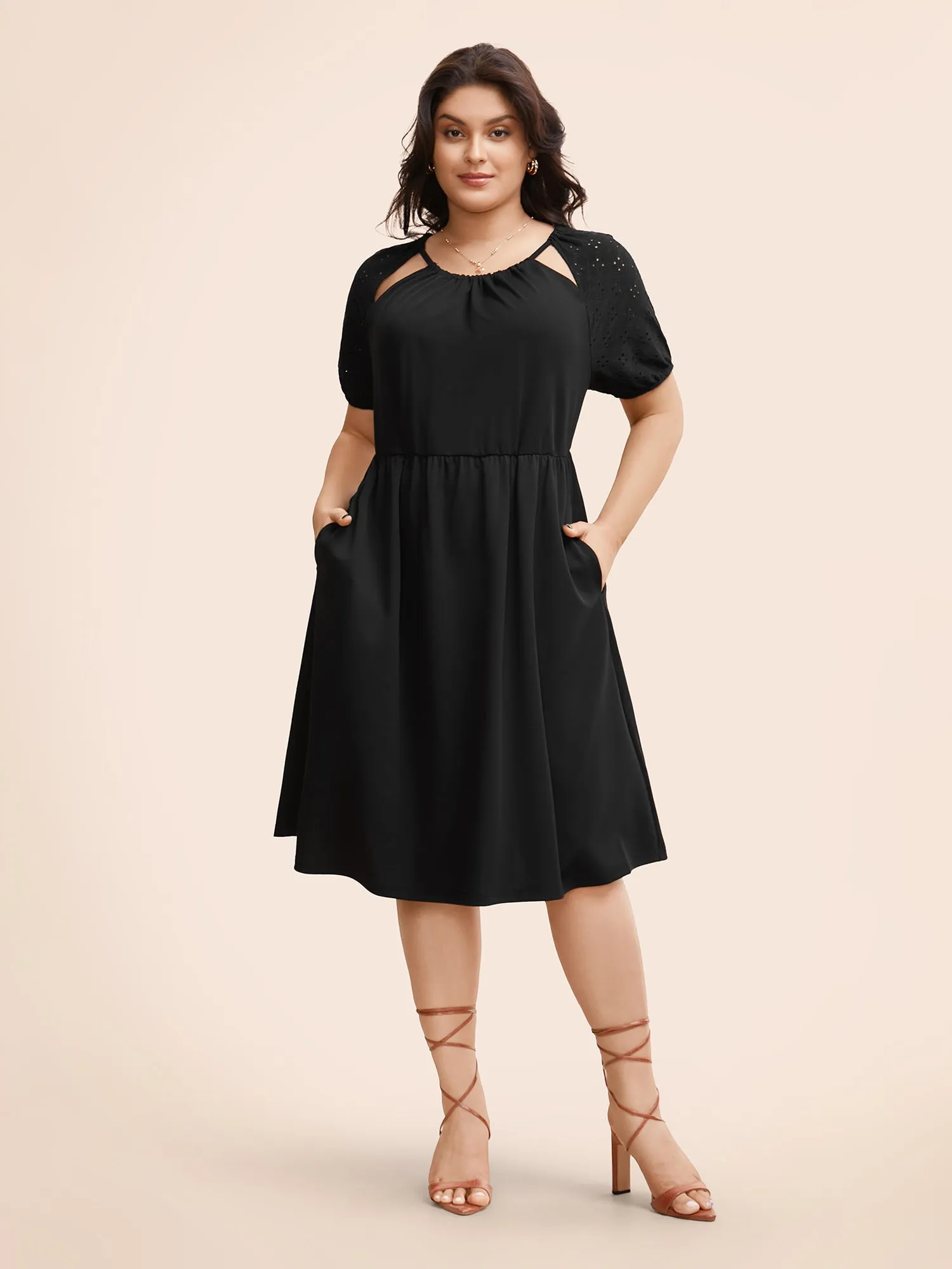 Solid Cut Out Gathered Puff Sleeve Dress sold by Bloomchic
