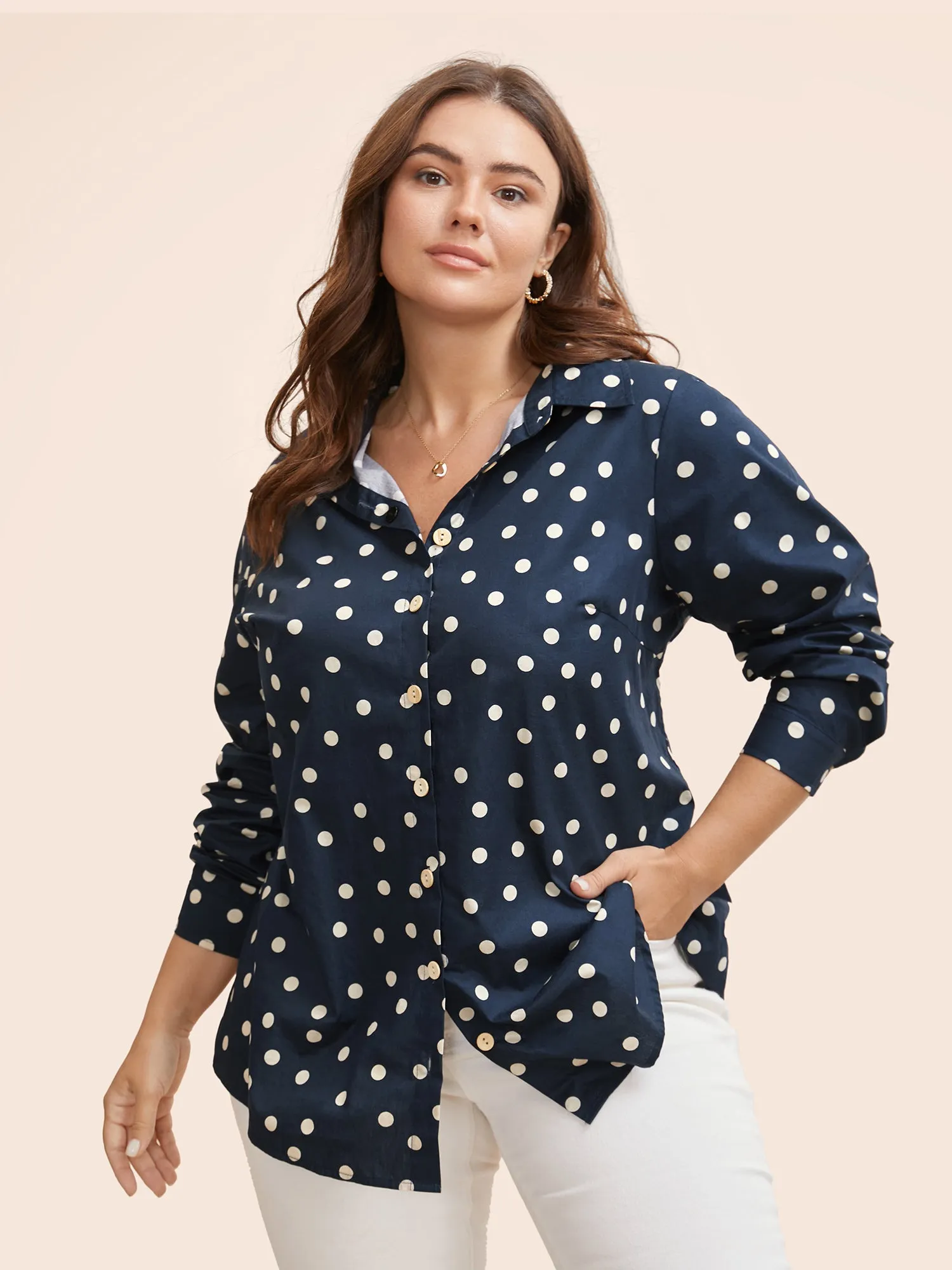 Cotton Polka Dot Shirt Collar Arc Hem Blouse sold by Bloomchic