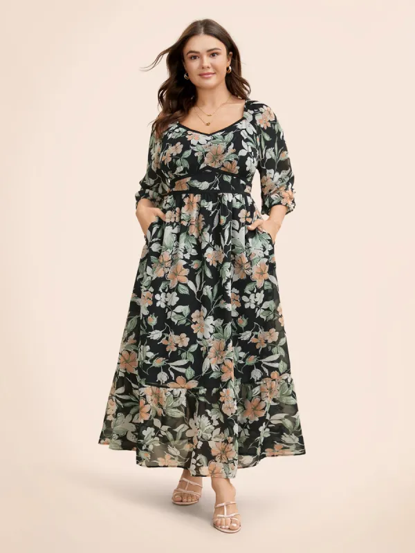 Floral Heart Neckline Woven Ribbon Gathered Dress sold by Bloomchic