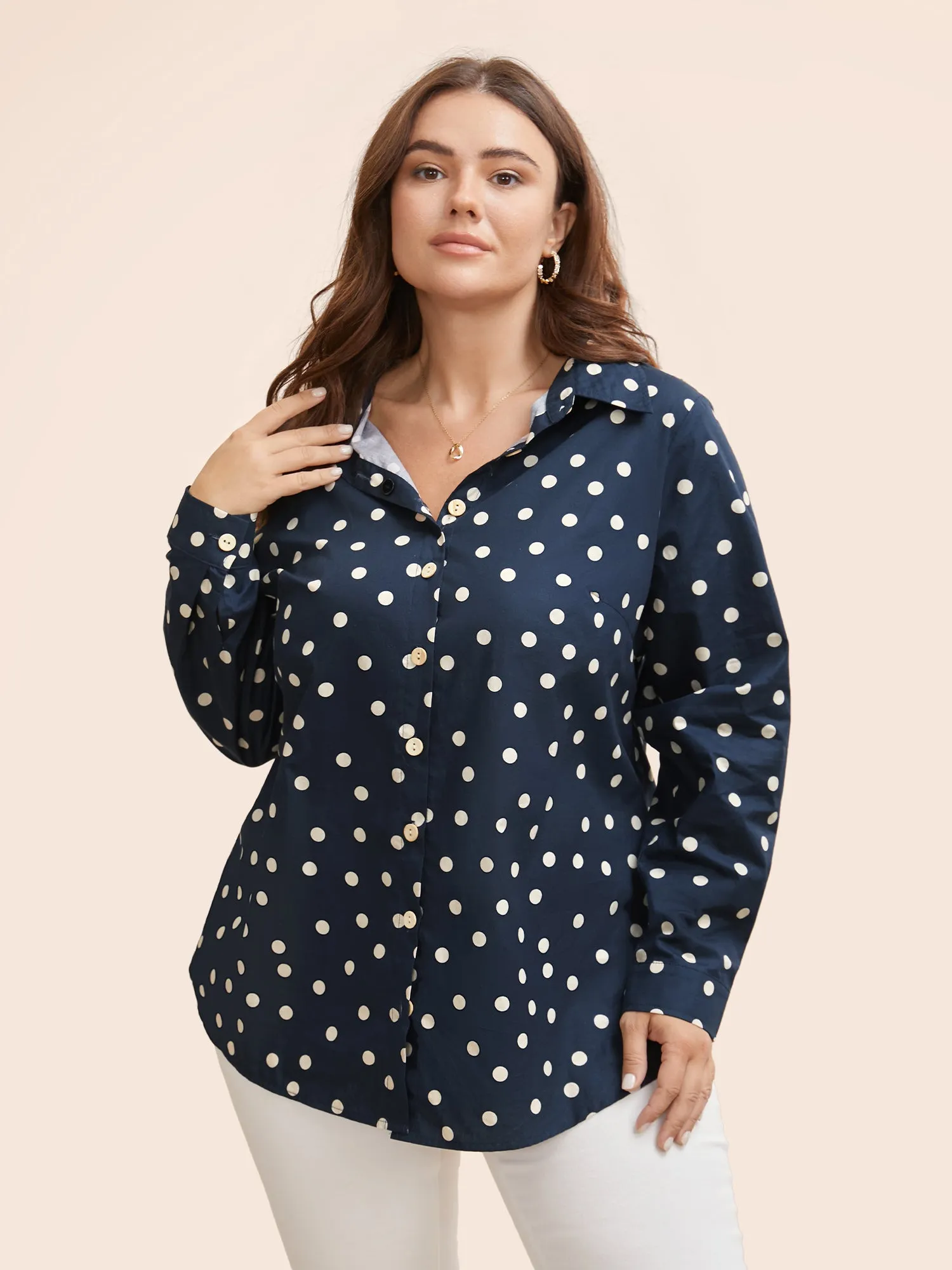 Cotton Polka Dot Shirt Collar Arc Hem Blouse sold by Bloomchic product image thumbnail 4