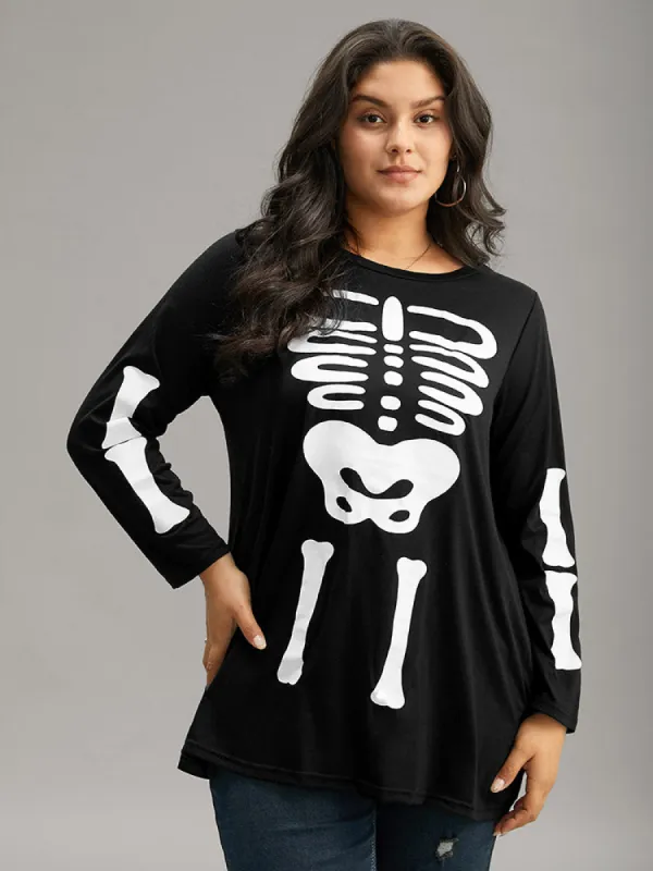 Halloween Skull Print Crew Neck T-shirt sold by Bloomchic